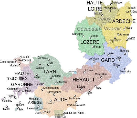 Karte des Languedoc mit den Demartements